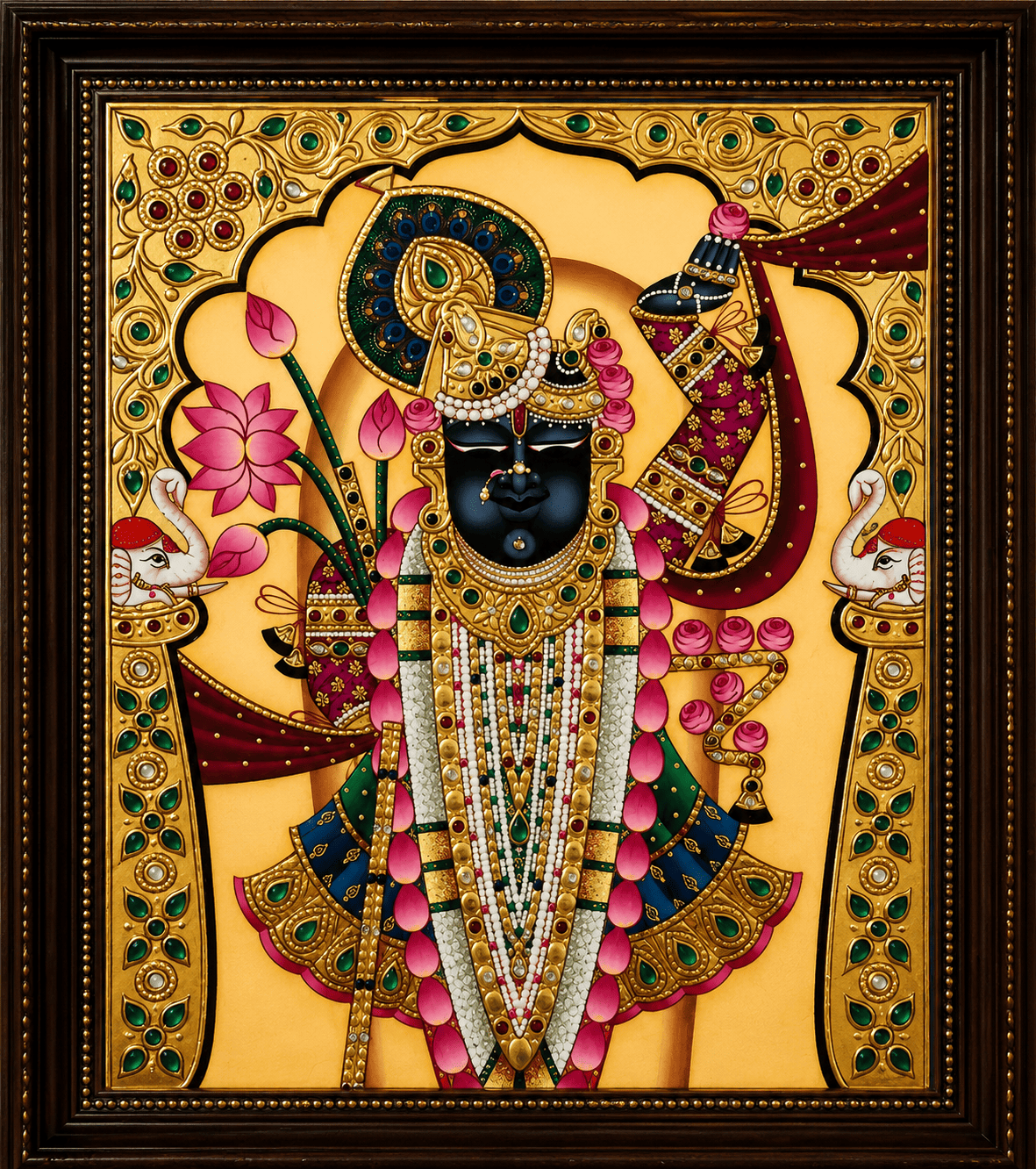 Shrinathji Tanjore Painting with Elephant Motifs and Lotus — Handmade by Nathdwara Artisans